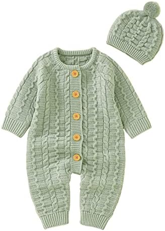 Baby Boy Girl Solid Knitted Sweater Romper Set with Cotton Caps