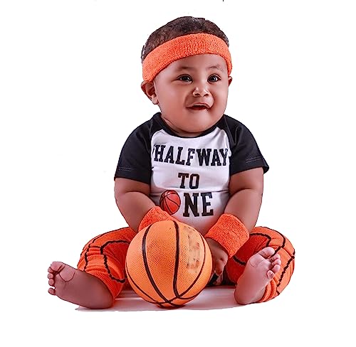 Personalized Basketball Half Way To First 6 Month Birthday Bodysuit Complete Outfit