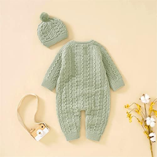 Baby Boy Girl Solid Knitted Sweater Romper Set with Cotton Caps