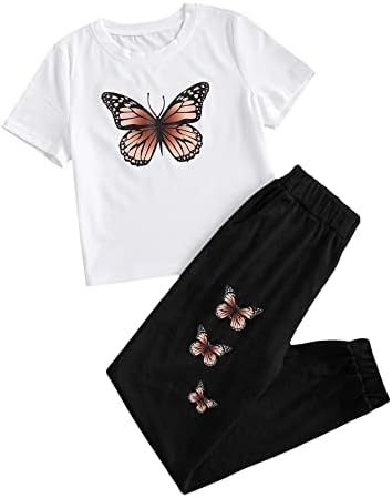 OYOANGLE Girls Summer Butterfly Tee Sweatpants Set