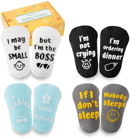 InnoBeta Baby Socks Set with Funny Quotes - 4 Pairs for Newborns