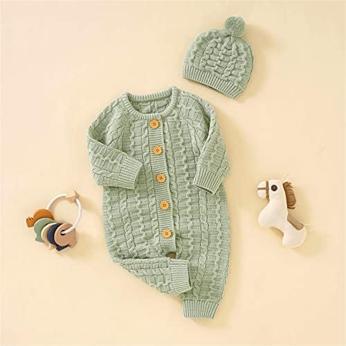 Baby Boy Girl Solid Knitted Sweater Romper Set with Cotton Caps