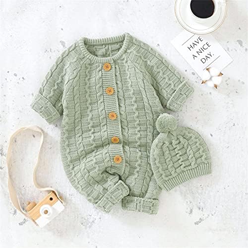 Baby Boy Girl Solid Knitted Sweater Romper Set with Cotton Caps