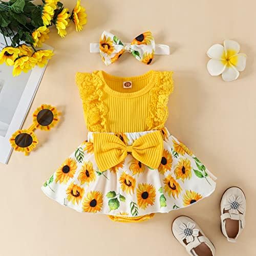 Mubineo Baby Girl Summer Romper Dress with Lace Ruffles Bowknot Headband