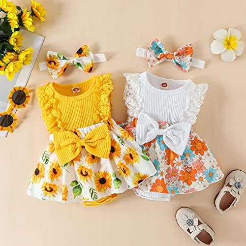 Mubineo Baby Girl Summer Romper Dress with Lace Ruffles Bowknot Headband
