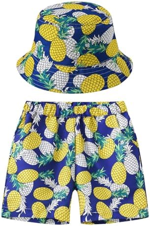 Hawaiian Print Elastic Waist Shorts and Hat Set for Boys