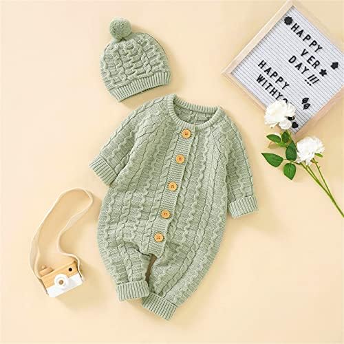 Baby Boy Girl Solid Knitted Sweater Romper Set with Cotton Caps
