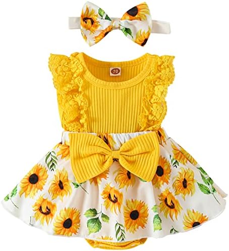 Mubineo Baby Girl Summer Romper Dress with Lace Ruffles Bowknot Headband