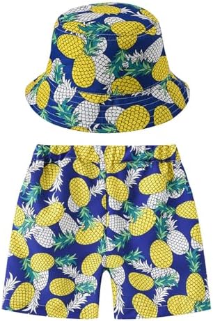 Hawaiian Print Elastic Waist Shorts and Hat Set for Boys