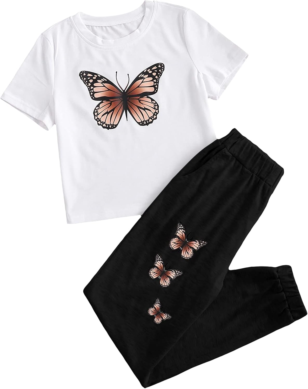 OYOANGLE Girls Summer Butterfly Tee Sweatpants Set