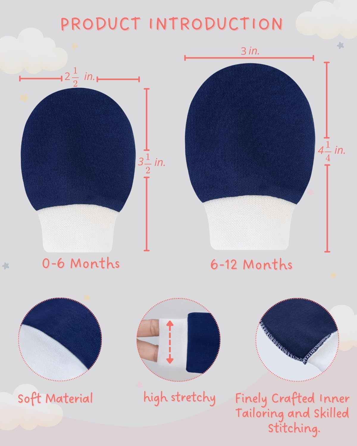 Organic cotton baby mittens with elastic wrist tab for 0-12 months