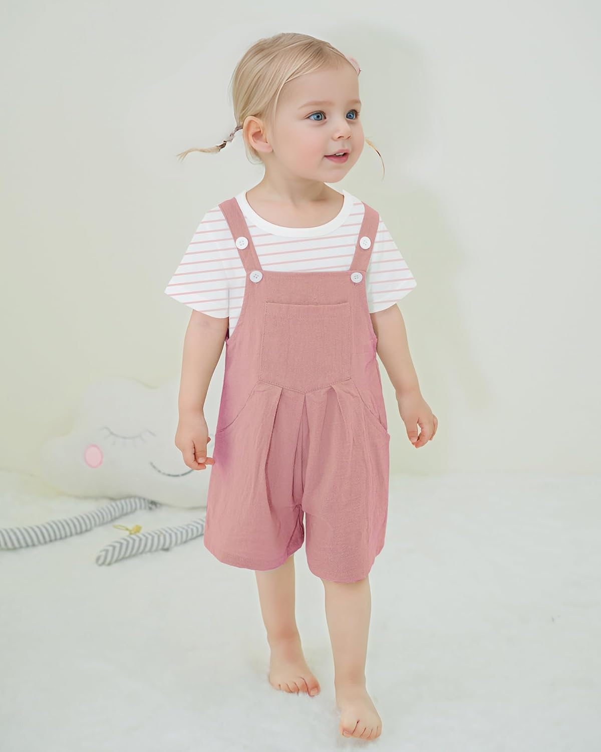 ZOEREA Stripe and Floral Bib Overall Set for TODDLERS