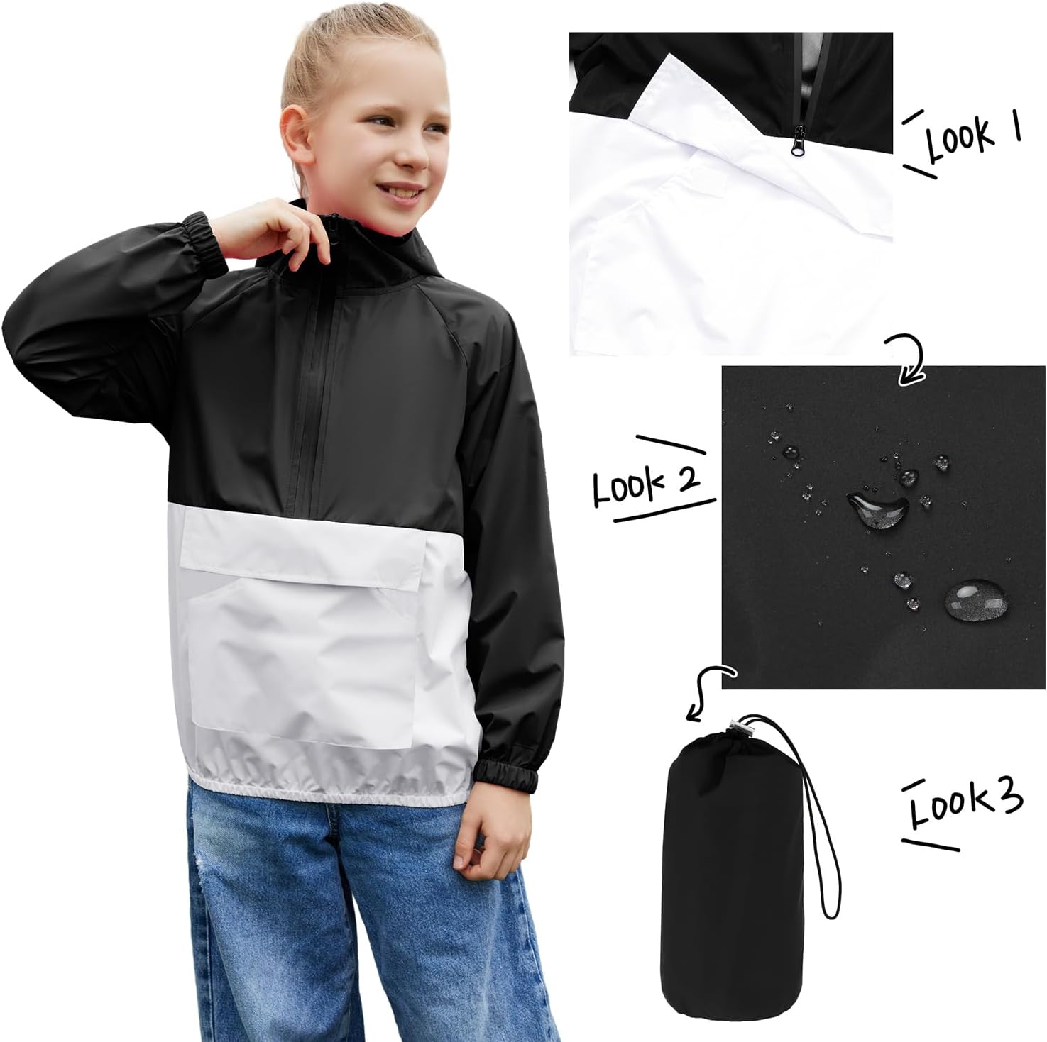 MODAFANS Lightweight Waterproof Packable Hooded Rain Jacket for Kids 4-13