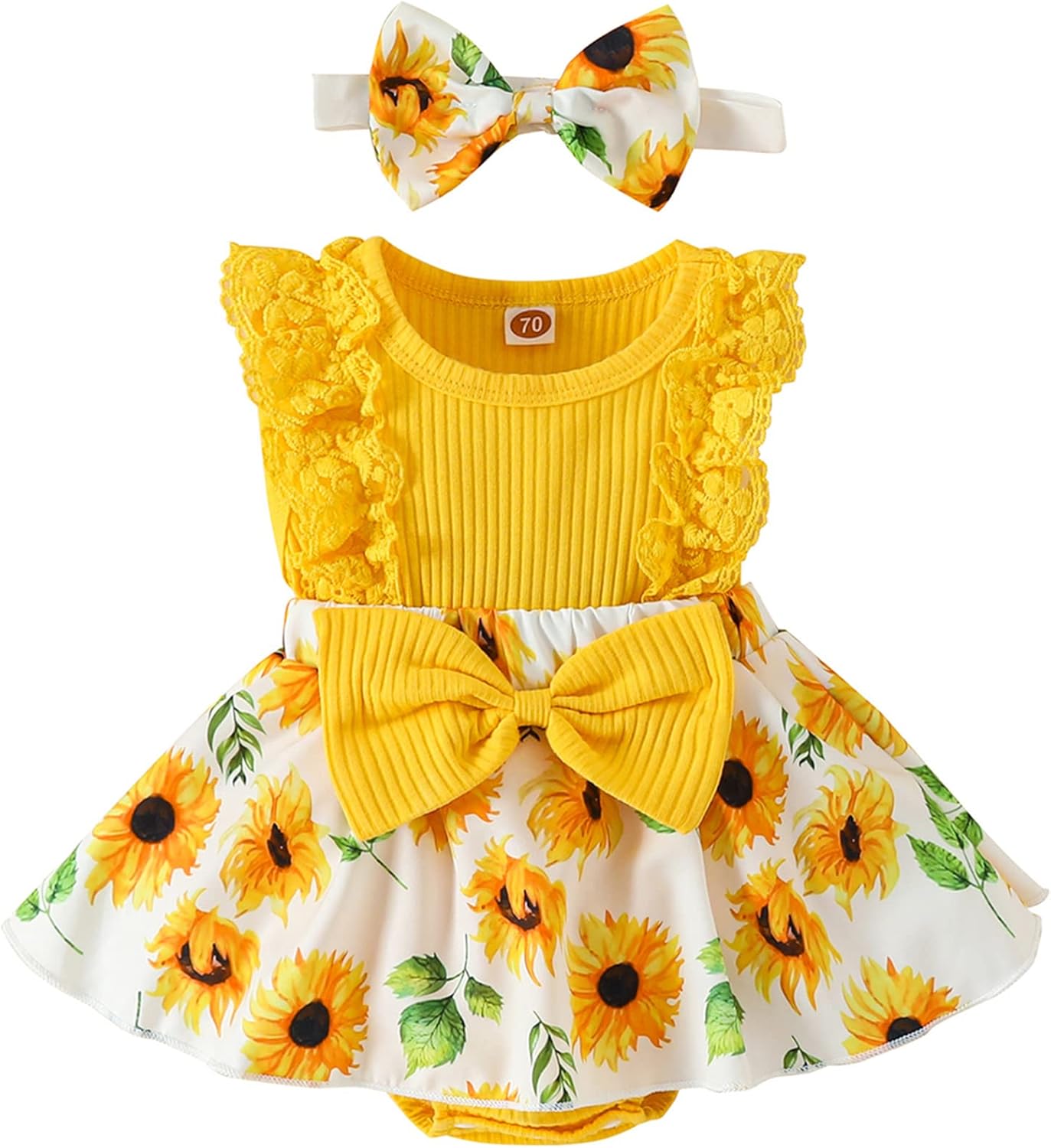 Mubineo Baby Girl Summer Romper Dress with Lace Ruffles Bowknot Headband