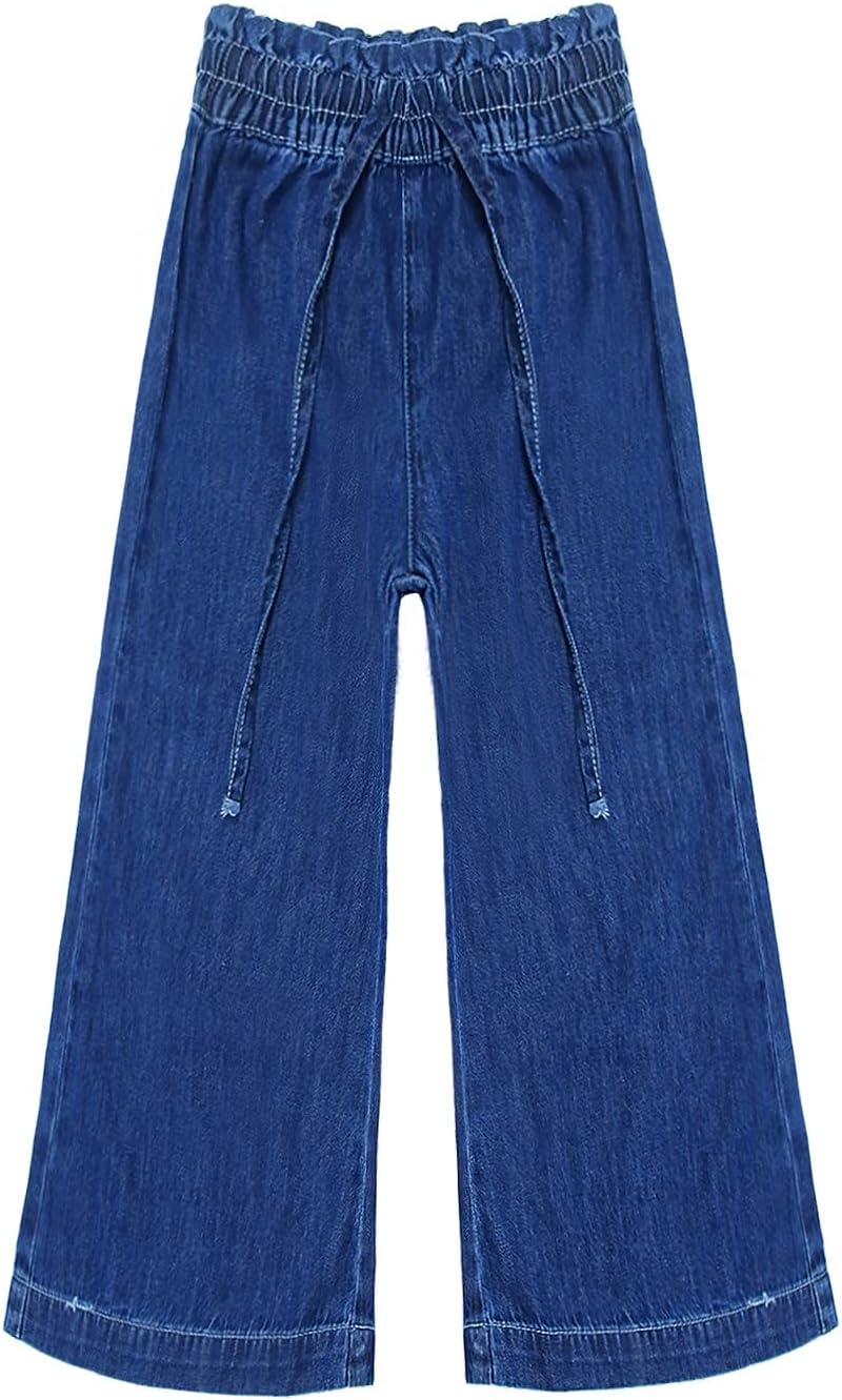 KIDSCOOL SPACE - Thin Wide-Leg Ribbed Elastic waistband Jeans for Kids