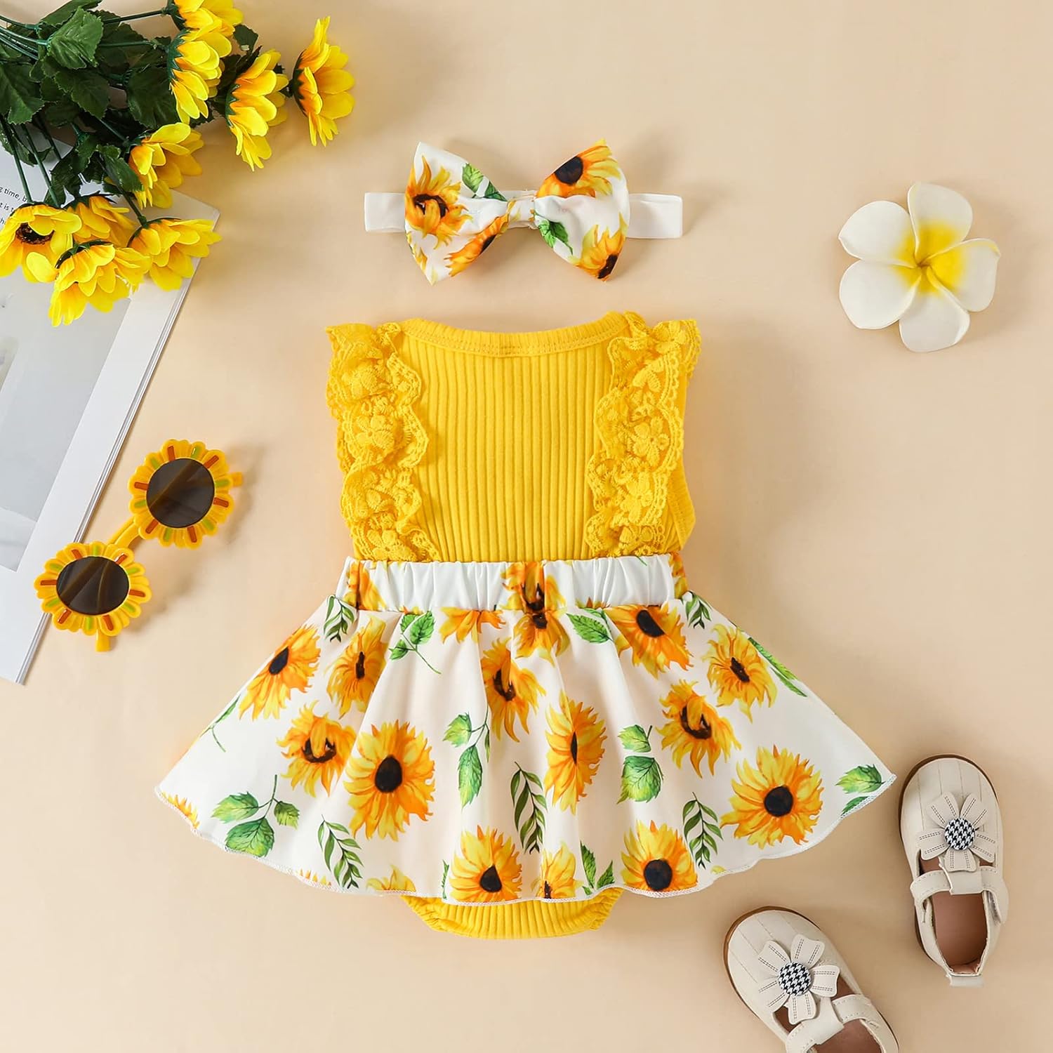 Mubineo Baby Girl Summer Romper Dress with Lace Ruffles Bowknot Headband