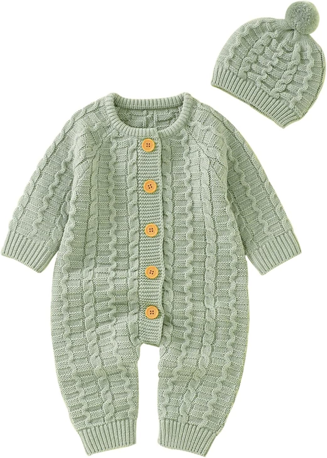 Baby Boy Girl Solid Knitted Sweater Romper Set with Cotton Caps