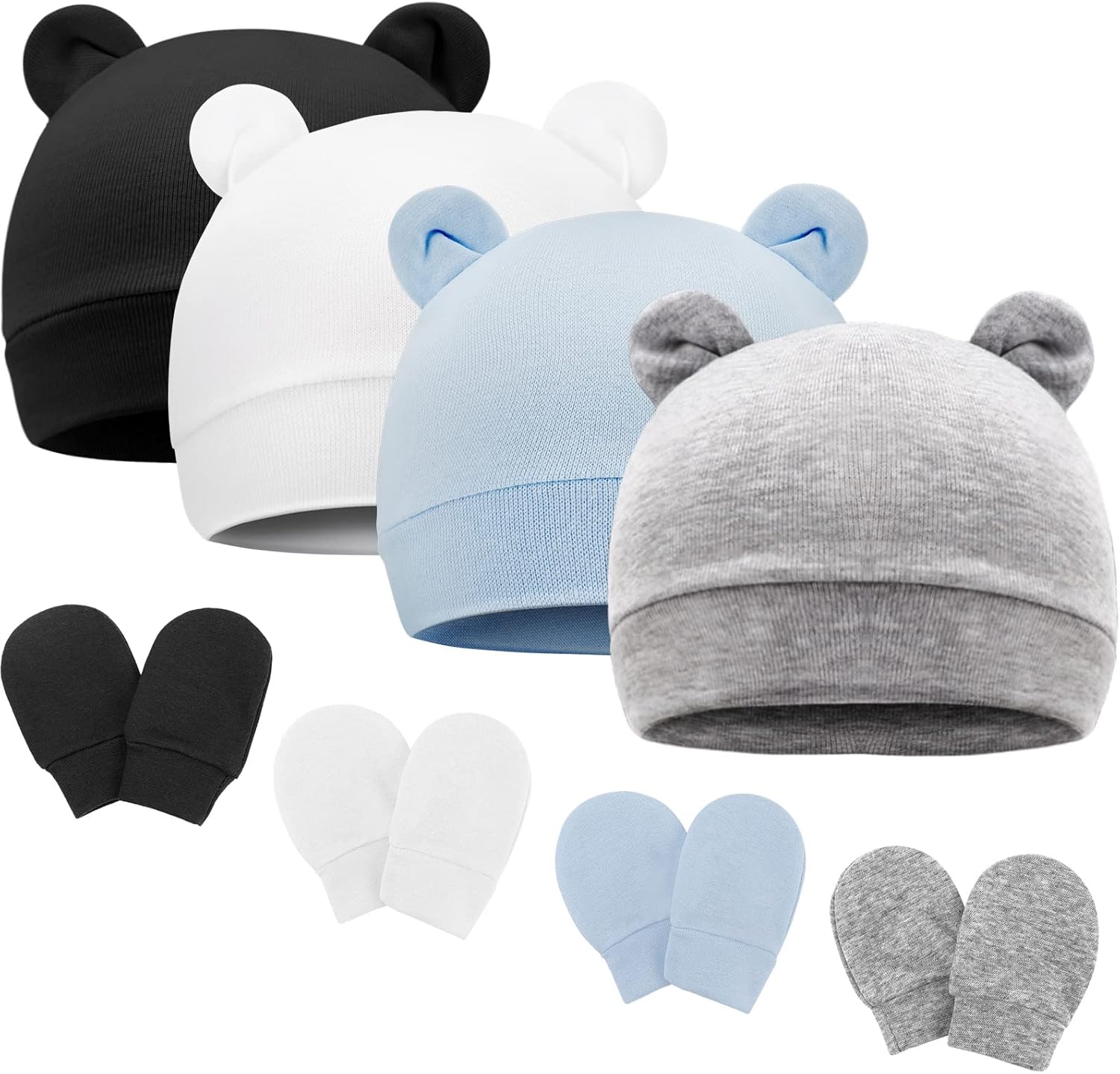 DRESHOW Newborn Baby Bear Ears 4 Set Hats Mittens 100 Cotton