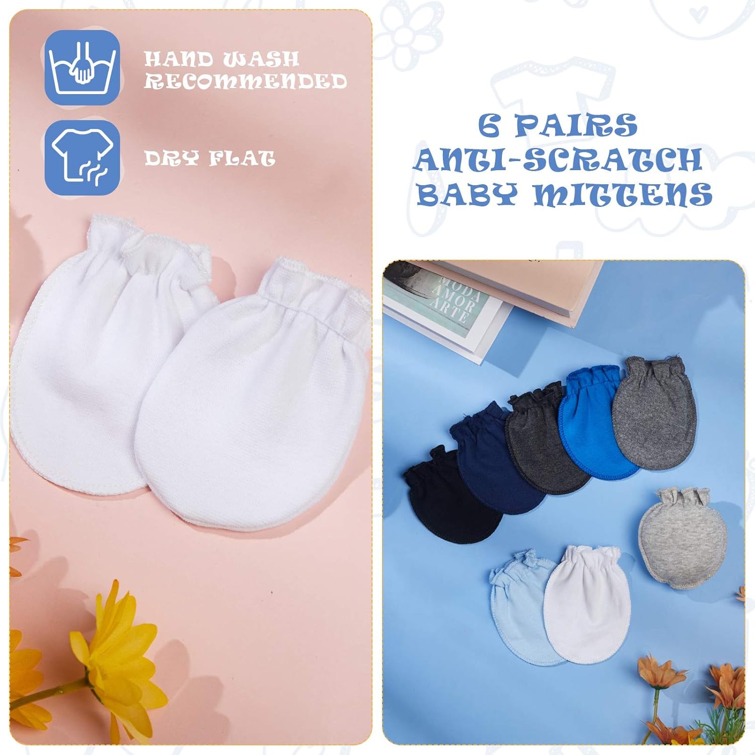 6 Pairs Unisex Baby mittens No Scratch Soft cotton for newborns