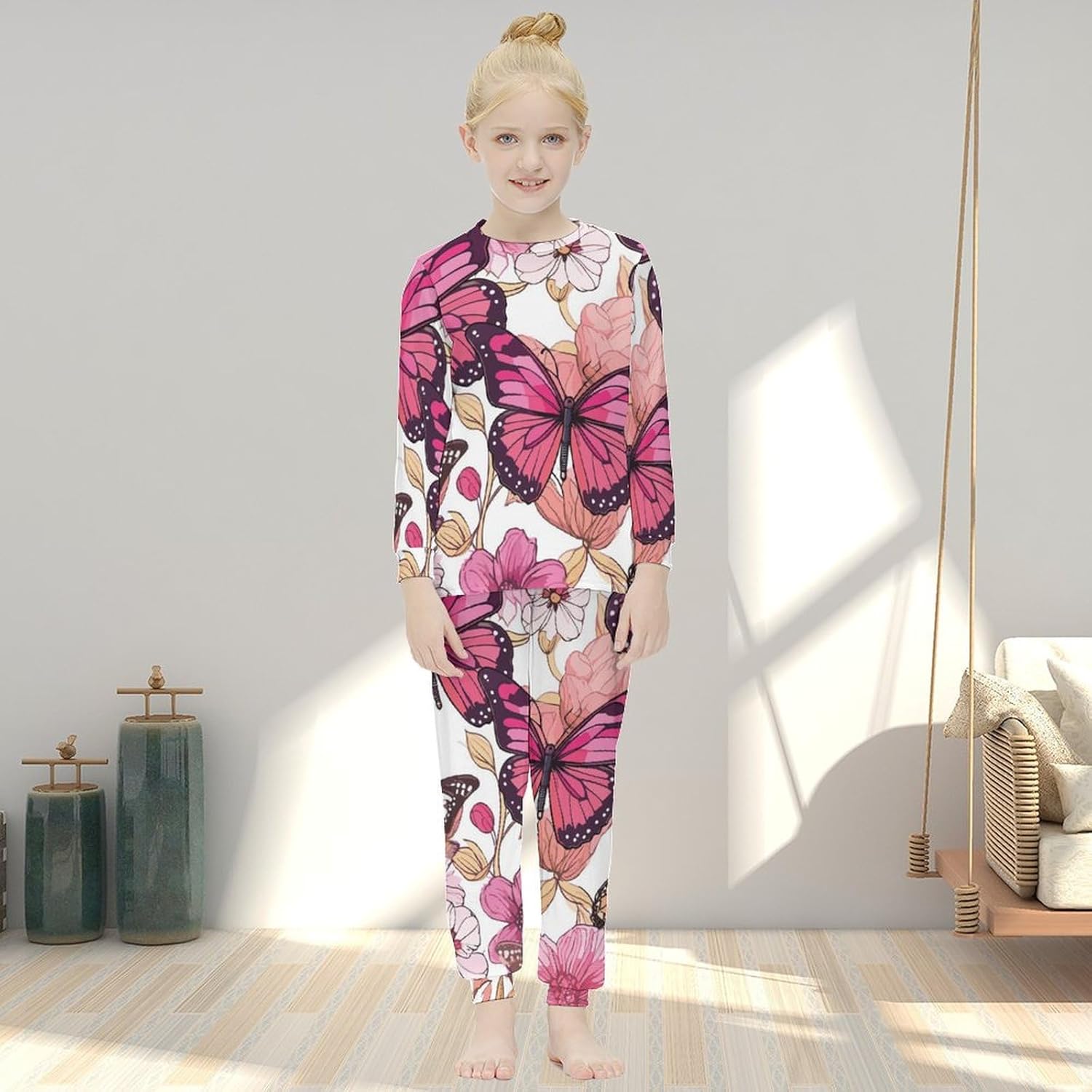 Girls Soft Pajama Set with Elastic Trousers Rosehip Green Leaves Design