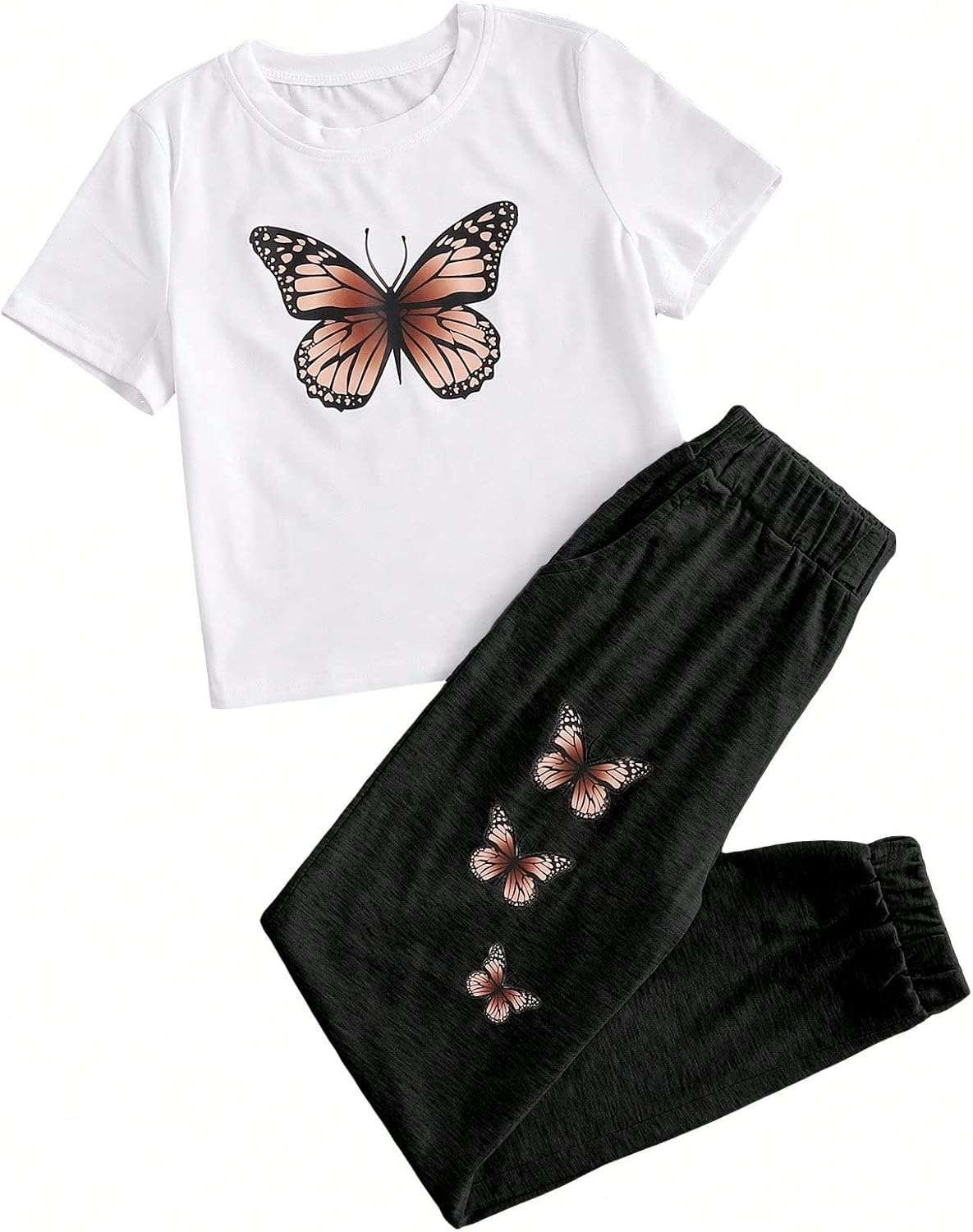 OYOANGLE Girls Summer Butterfly Tee Sweatpants Set