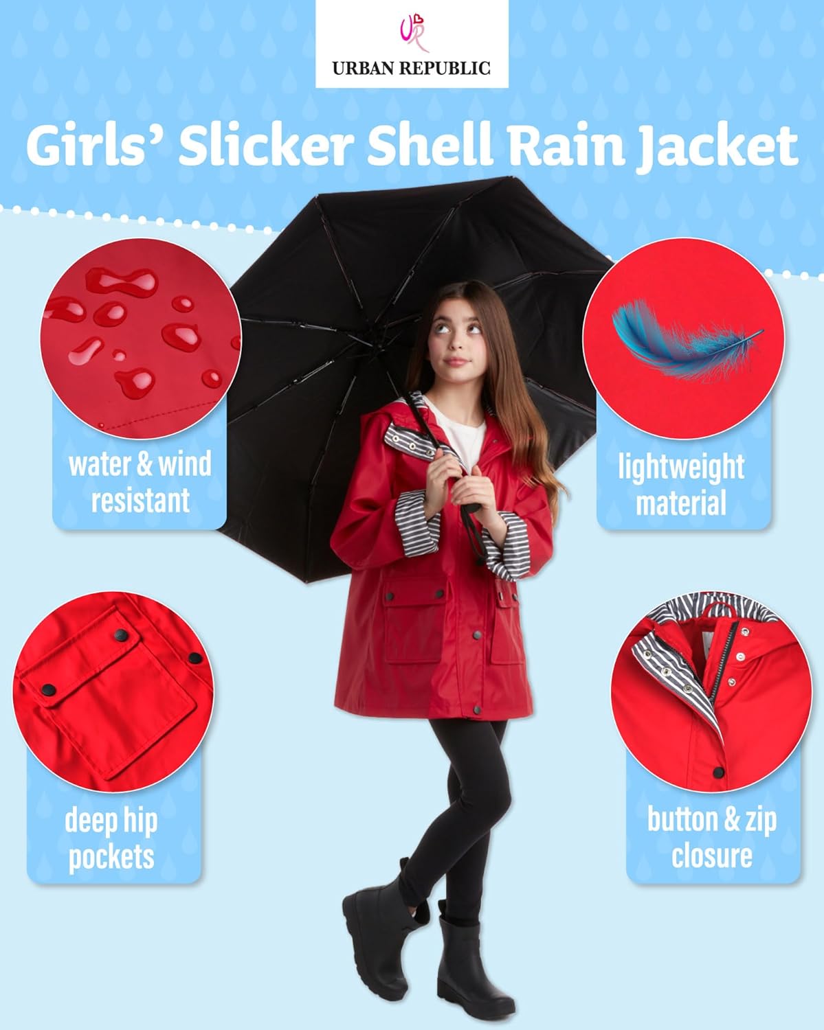 URBAN REPUBLIC Girls Rain Jacket StayAll Day 7-16