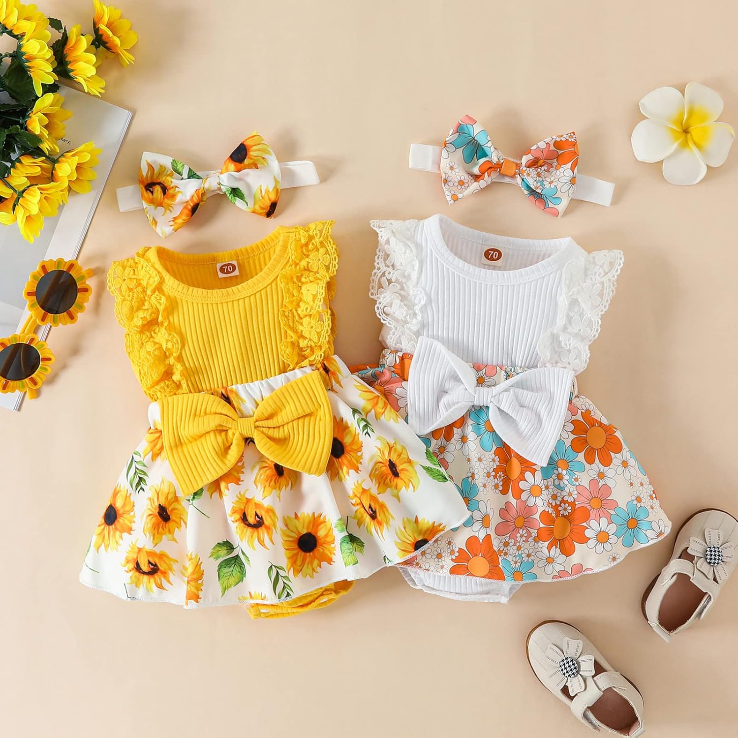 Mubineo Baby Girl Summer Romper Dress with Lace Ruffles Bowknot Headband