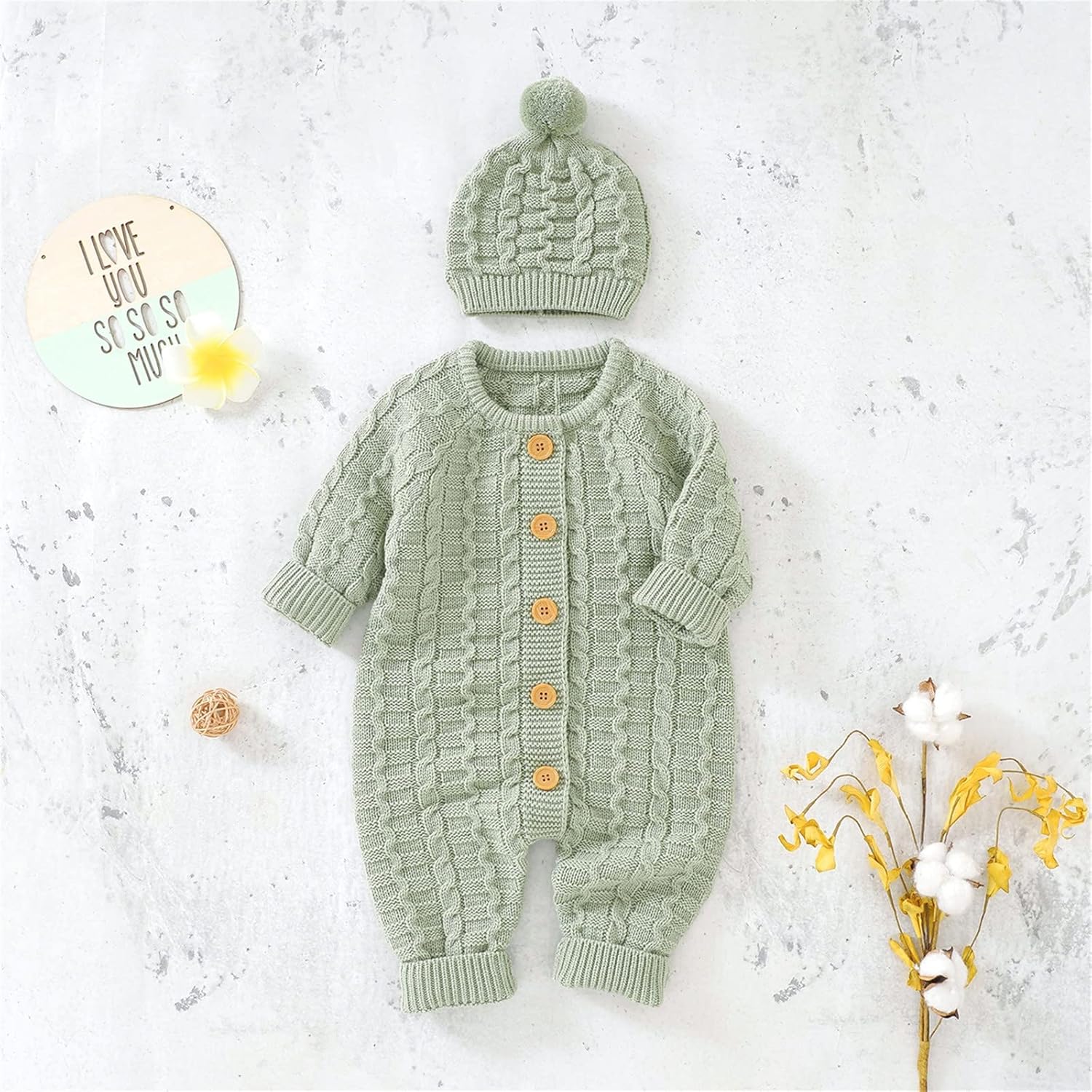 Baby Boy Girl Solid Knitted Sweater Romper Set with Cotton Caps