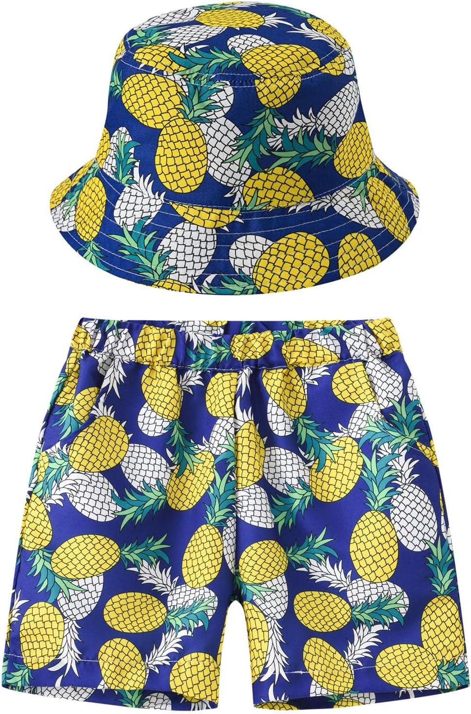Hawaiian Print Elastic Waist Shorts and Hat Set for Boys
