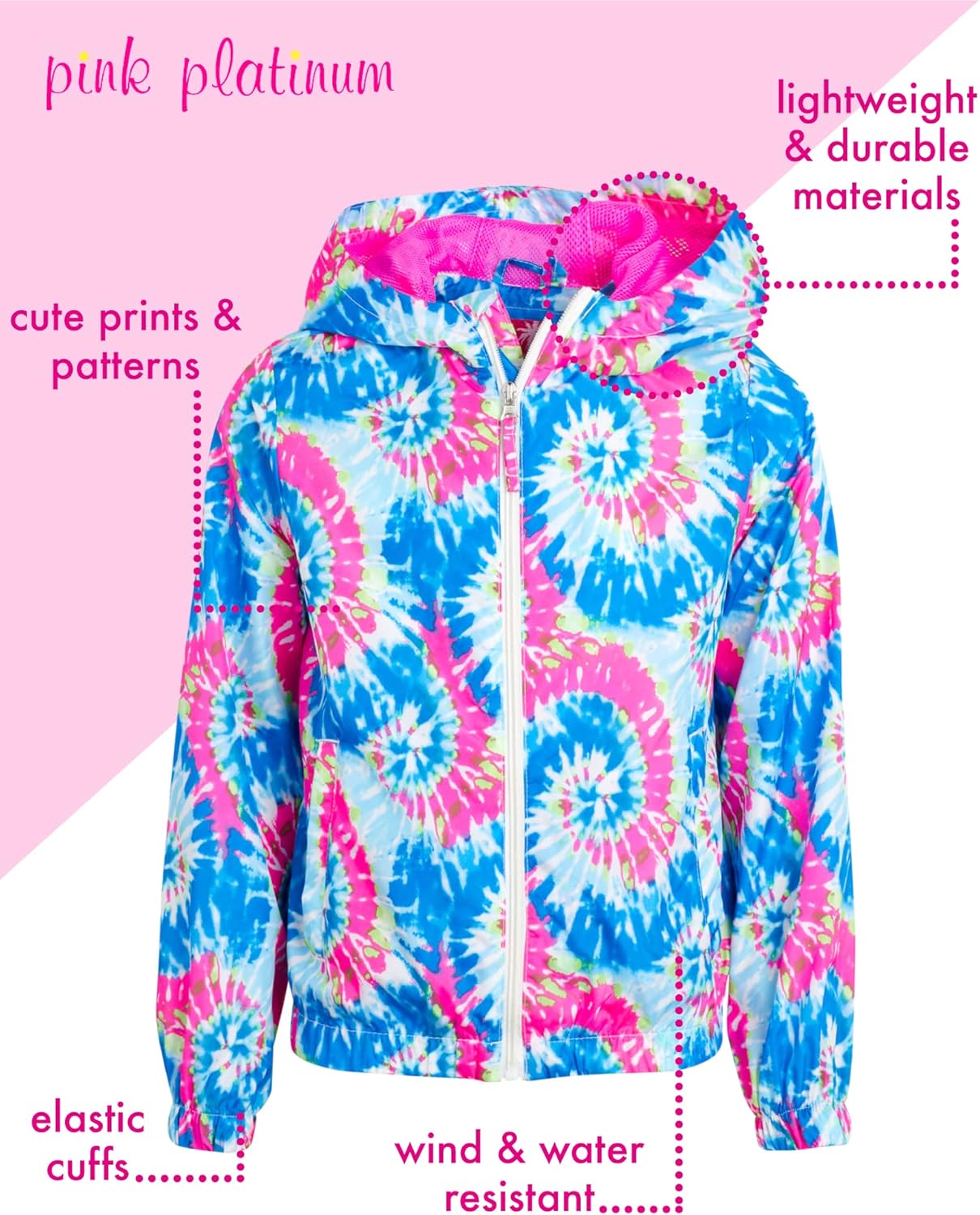 Pink Platinum Girls Lightweight Packable Rain Jacket Waterproof and Windproof