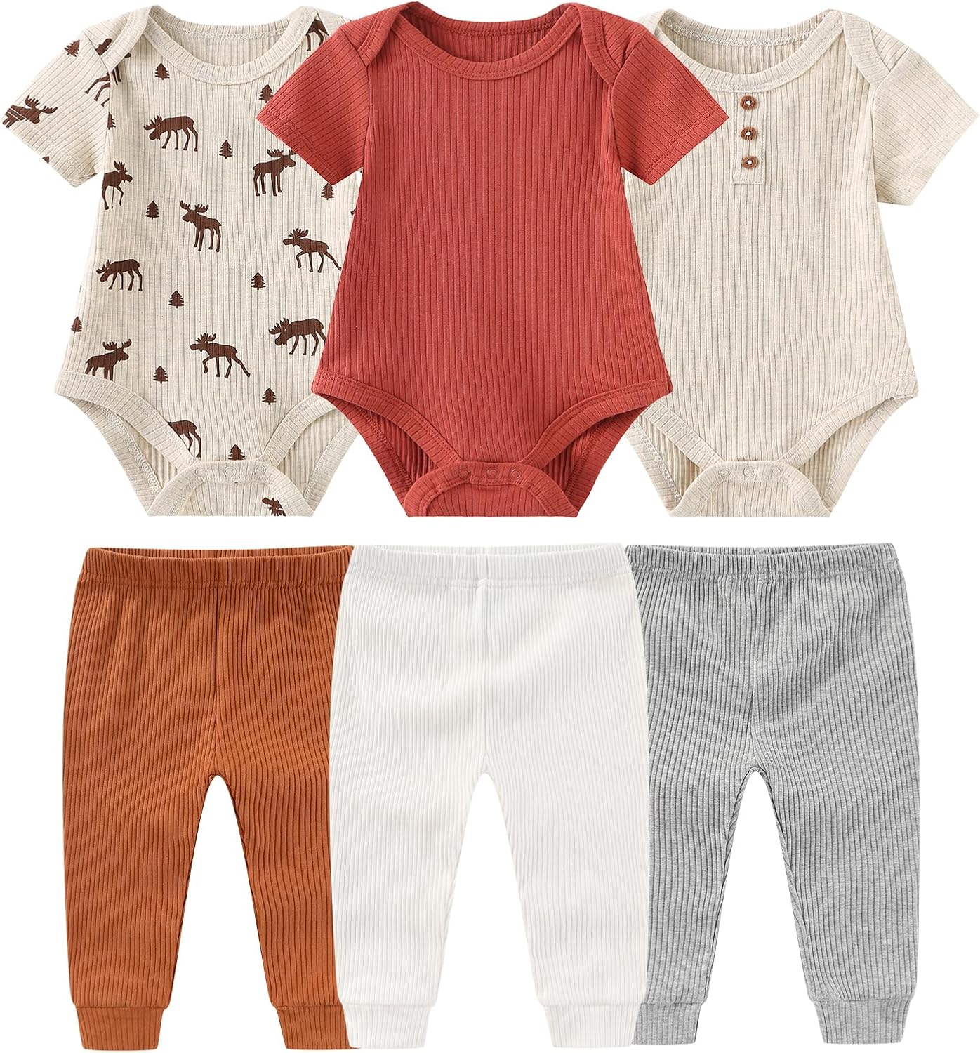 Ruliby Baby Bodysuit and Pant Set 6-Piece Ribbed Soft