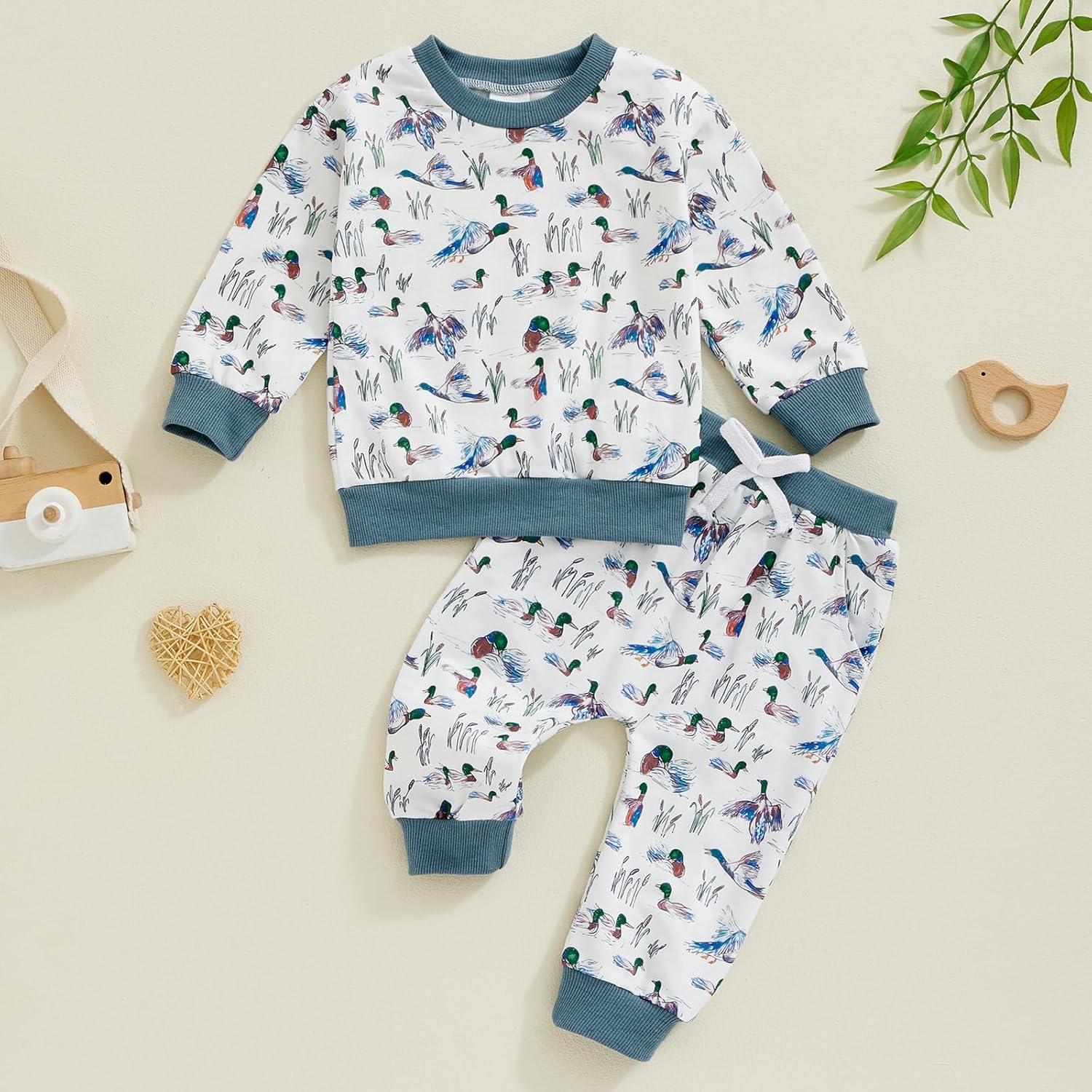 Pudcoco Toddler Fall Outfit Set - Mallard Duck Embroidery