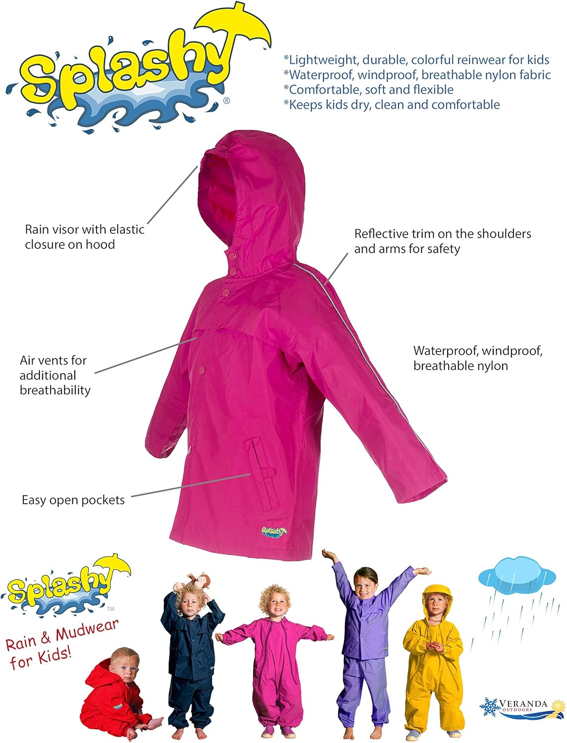 Splashy nylon childs rain jacket built for the elements