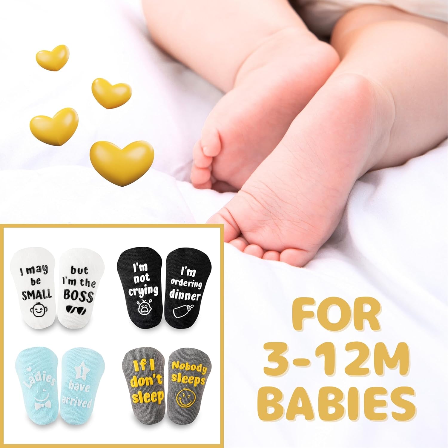 InnoBeta Baby Socks Set with Funny Quotes - 4 Pairs for Newborns