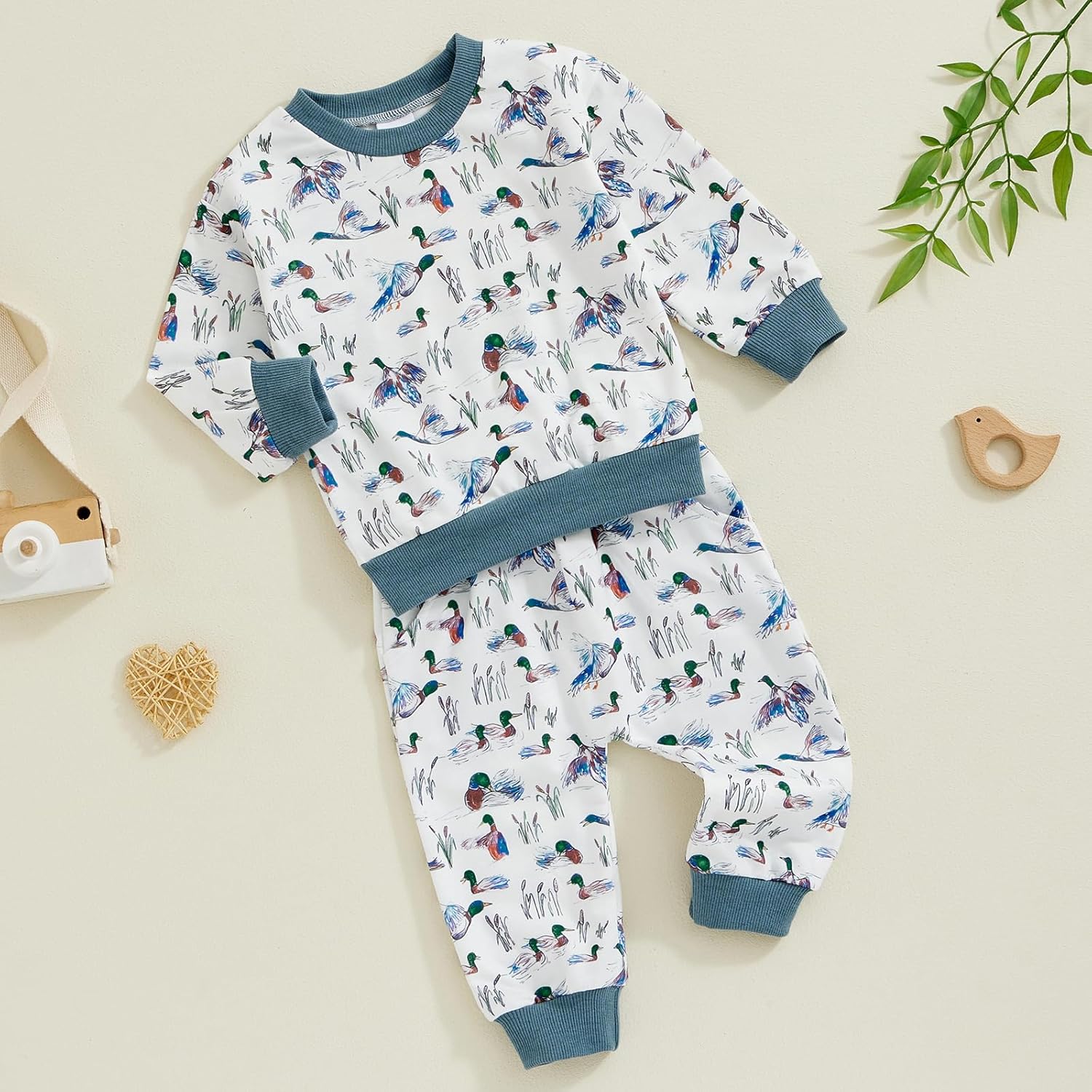 Pudcoco Toddler Fall Outfit Set - Mallard Duck Embroidery