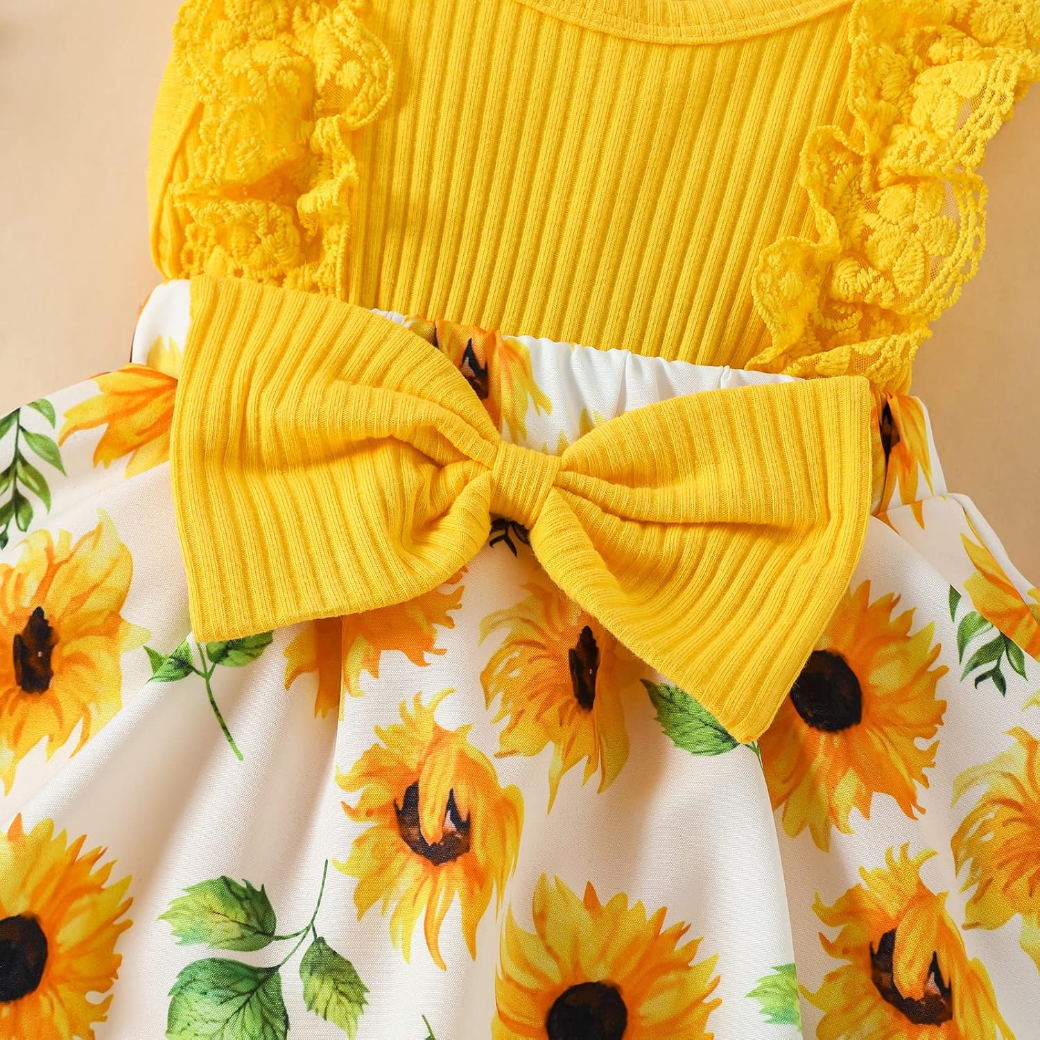 Mubineo Baby Girl Summer Romper Dress with Lace Ruffles Bowknot Headband