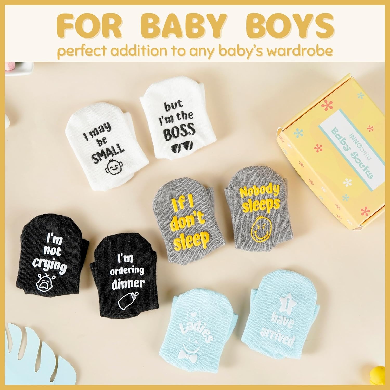 InnoBeta Baby Socks Set with Funny Quotes - 4 Pairs for Newborns