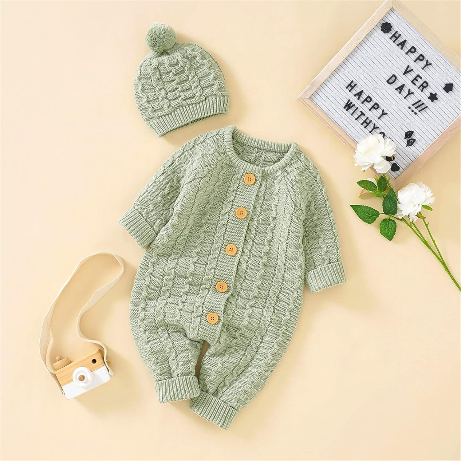 Baby Boy Girl Solid Knitted Sweater Romper Set with Cotton Caps