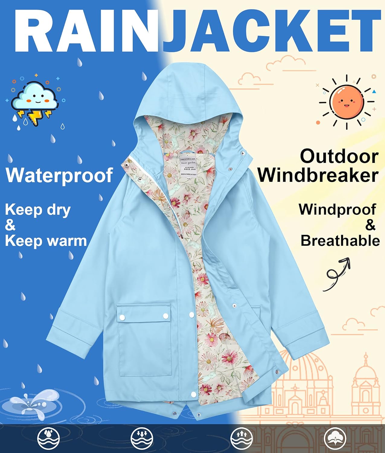 MAOO Garden Girls Boys Rain Jacket Lightweight Waterproof Hooded