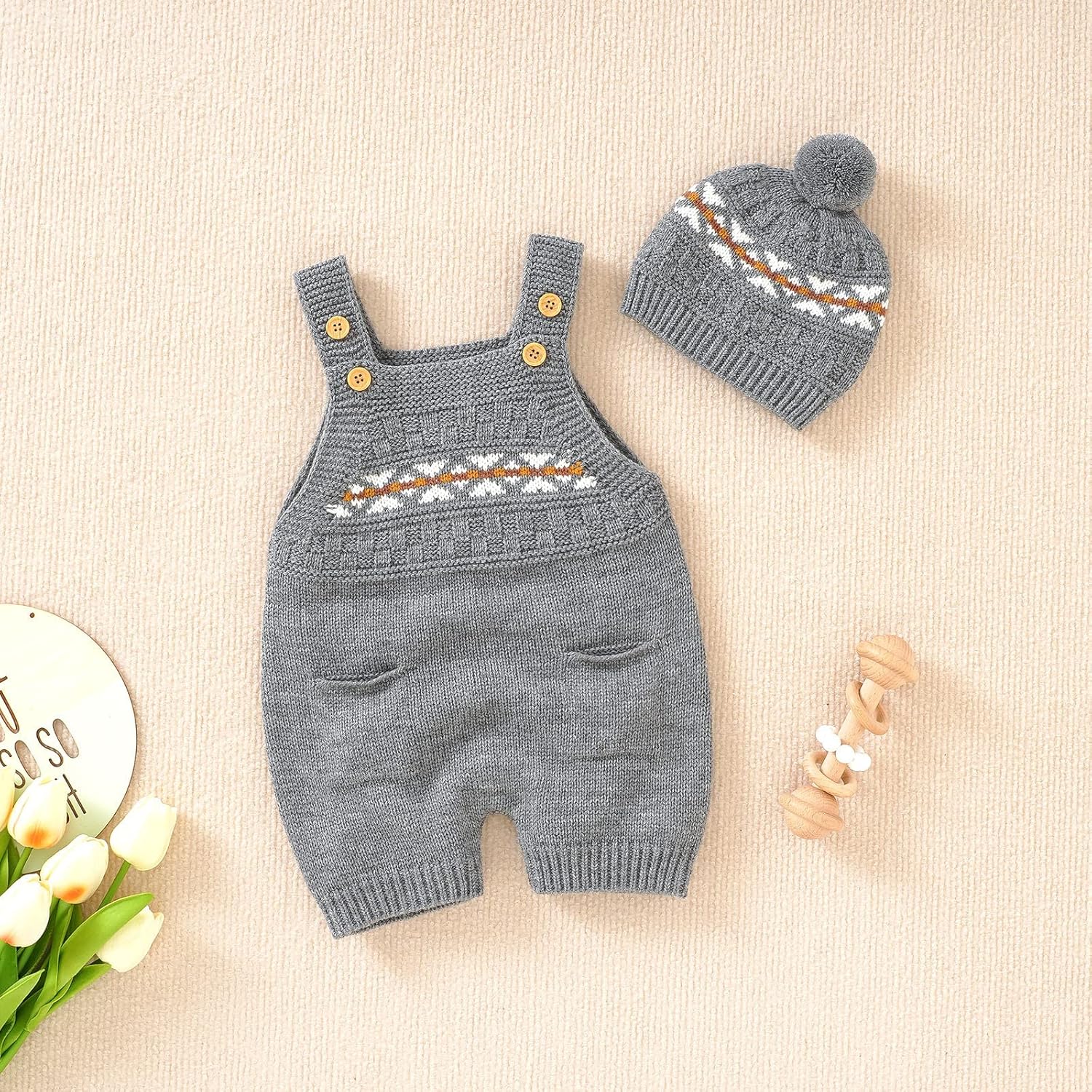 Infant Knit Romper 100 Cotton Stretchy Built-in Hat Warm