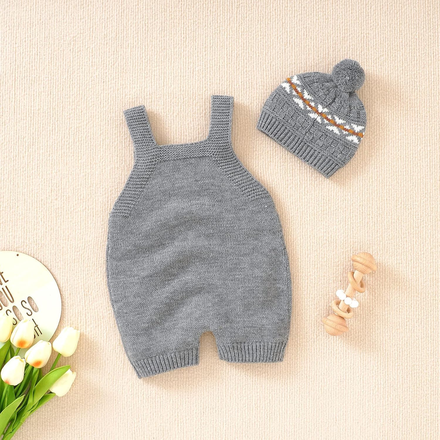 Infant Knit Romper 100 Cotton Stretchy Built-in Hat Warm