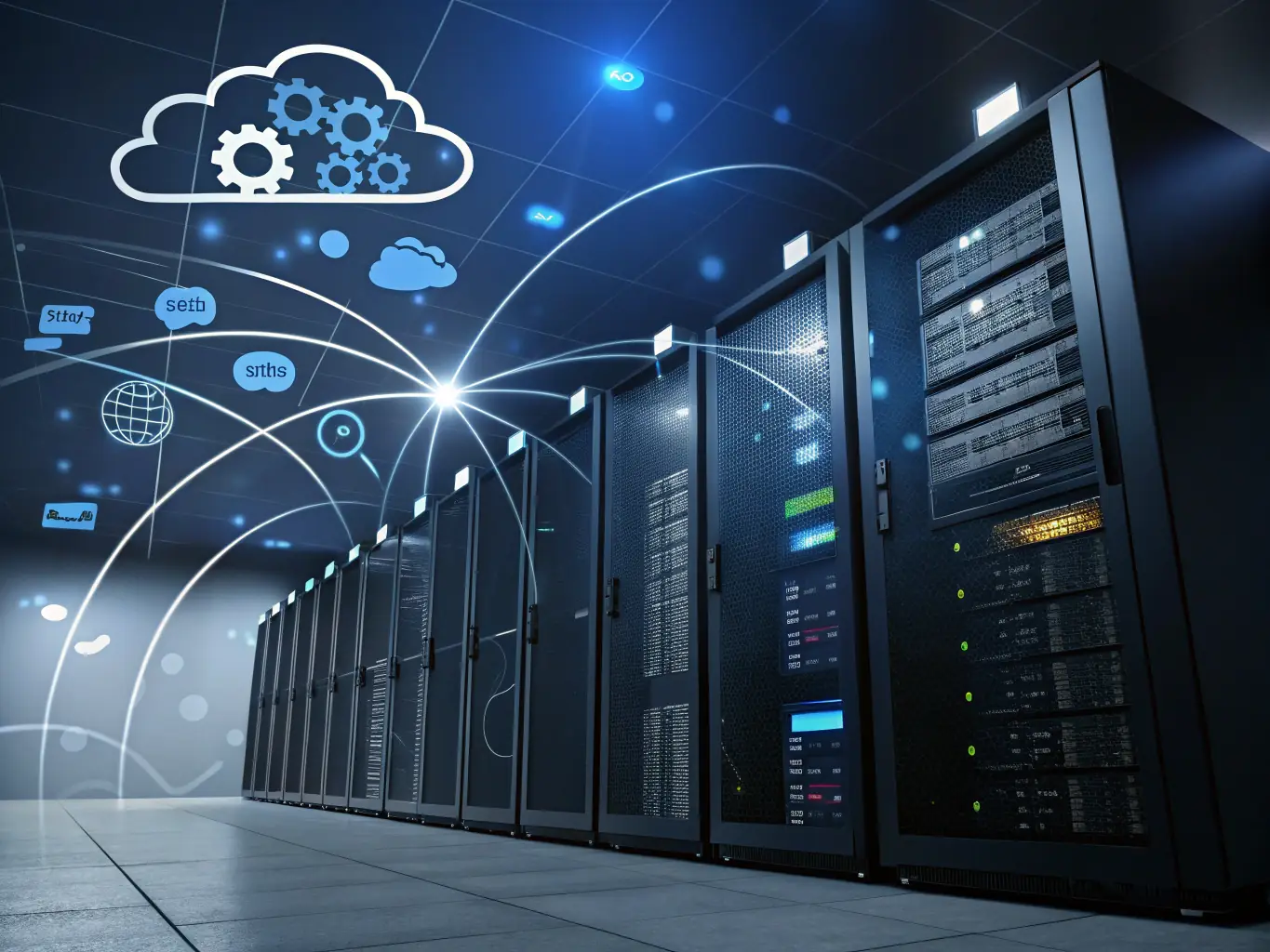 A server room with glowing lights and visible cloud computing infrastructure, symbolizing cloud computing solutions.
