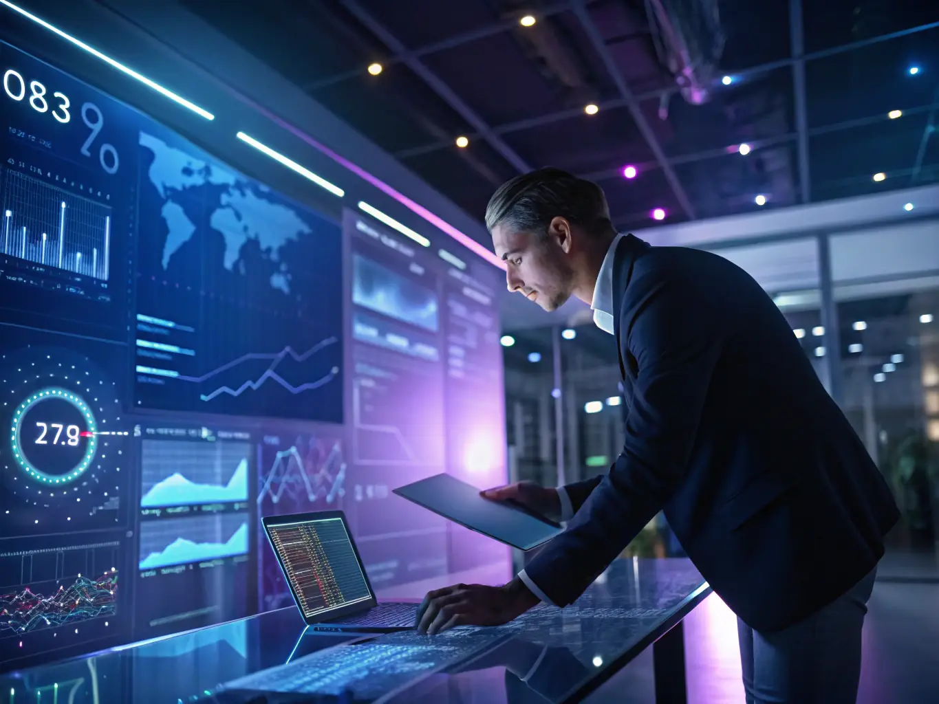 A consultant in a modern office setting, analyzing data on a large screen, representing digital transformation consulting.